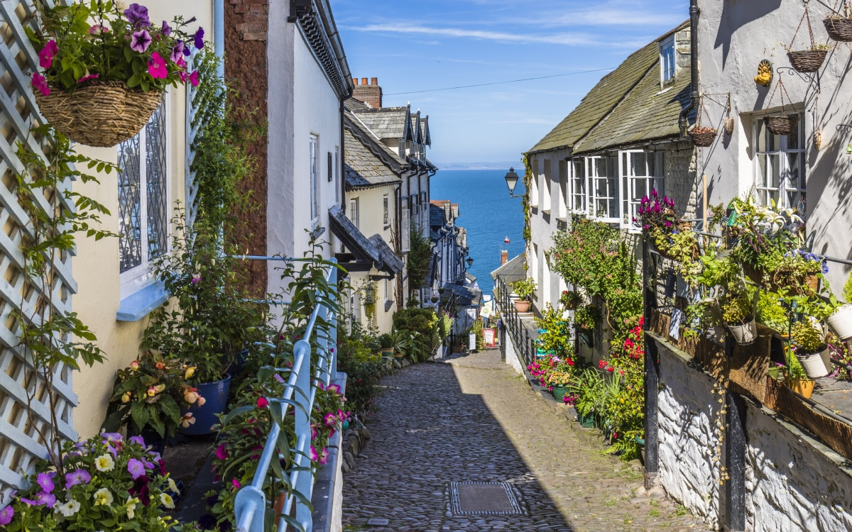 Flower baskets cottage details Clovelly main street