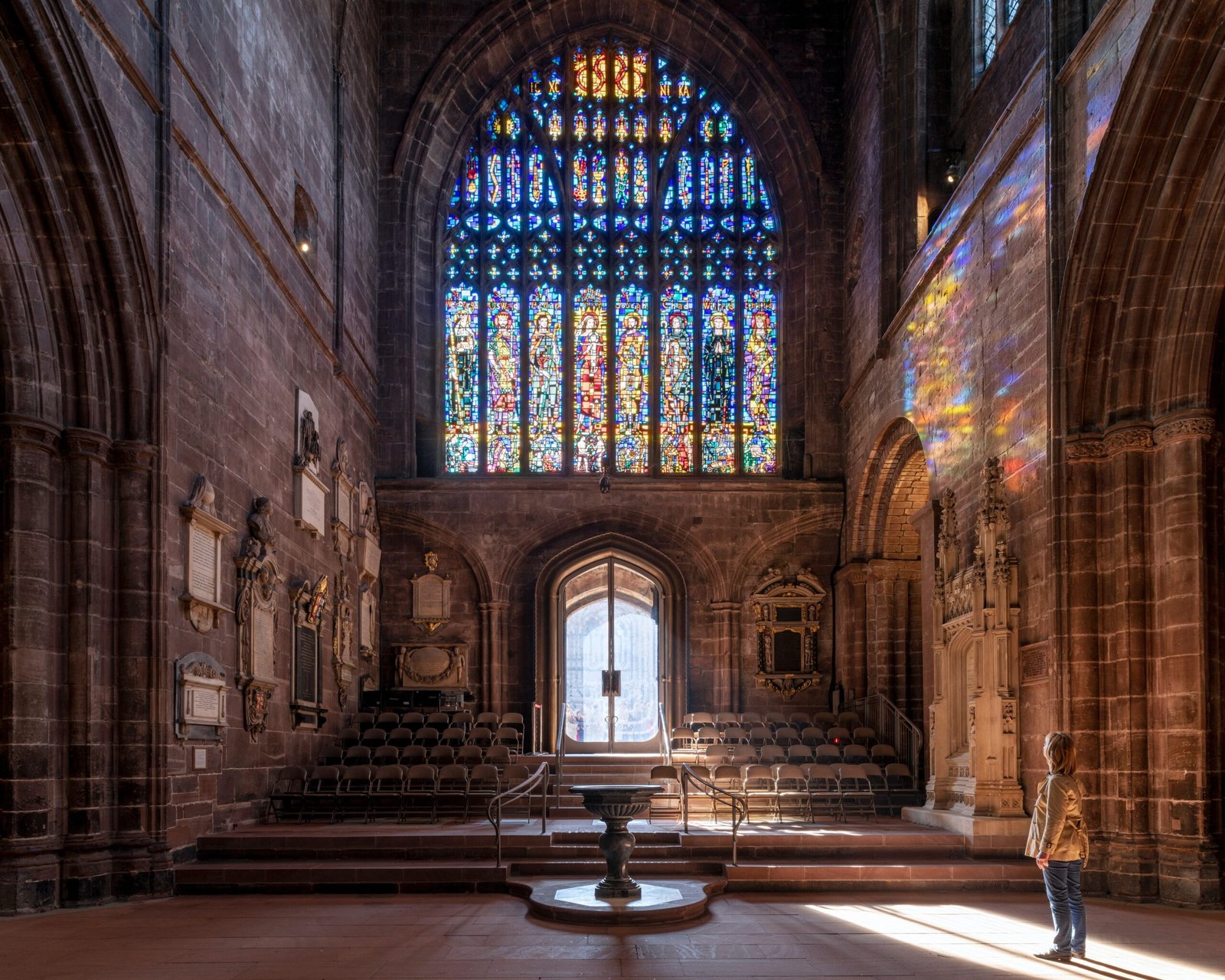 Stained glass window interior light colour religious artistry detail