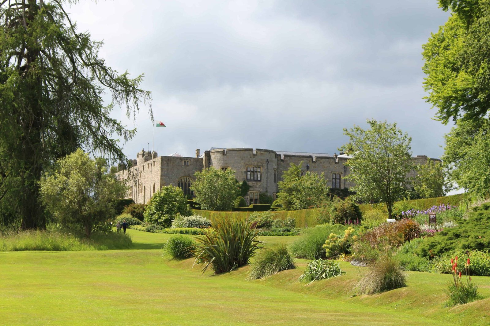 Colourful formal gardens surrounding Chirk Castle