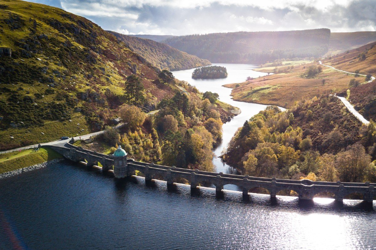 Pen y Garreg Dam and its central tower in the Elan Valley