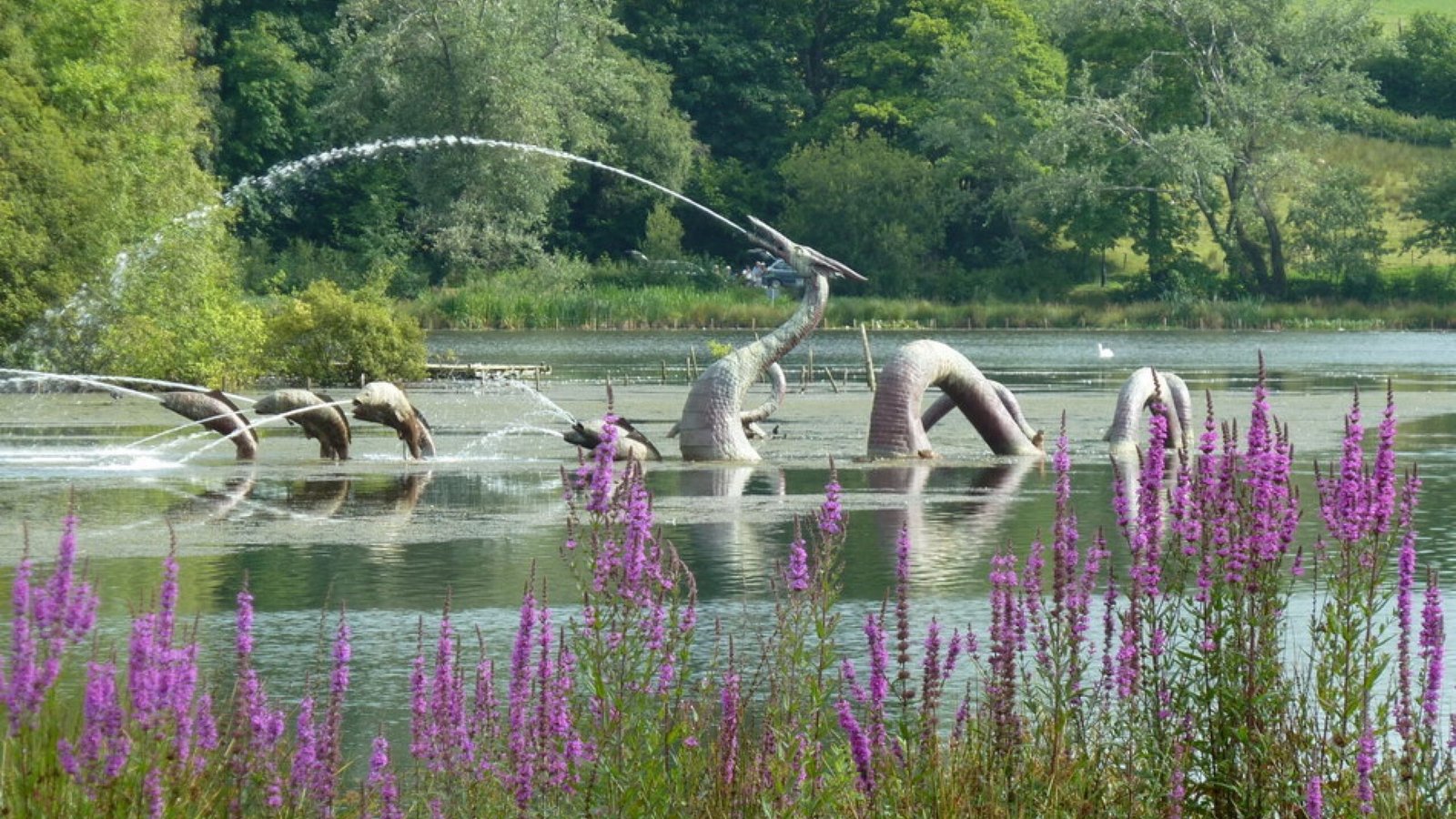 Llandrindod Wells Lake and dragon sculpture