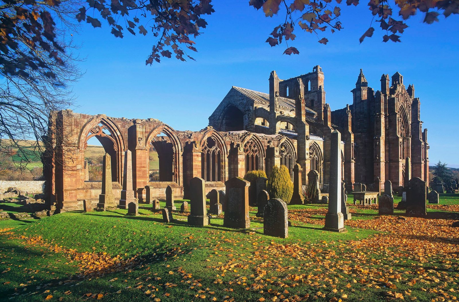 Melrose Abbey ruins and grounds