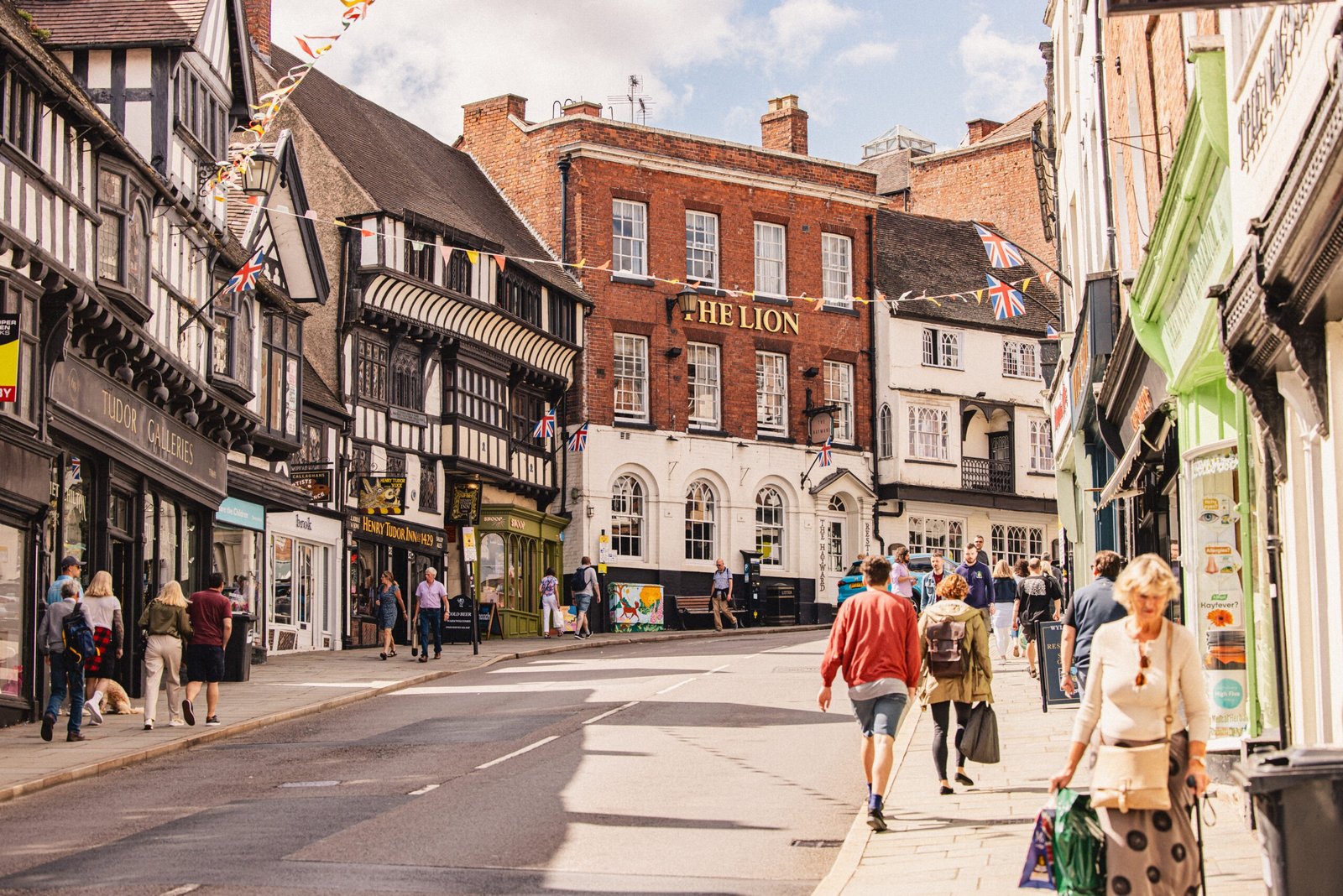 Half-timbered buildings medieval street Shrewsbury historic architecture