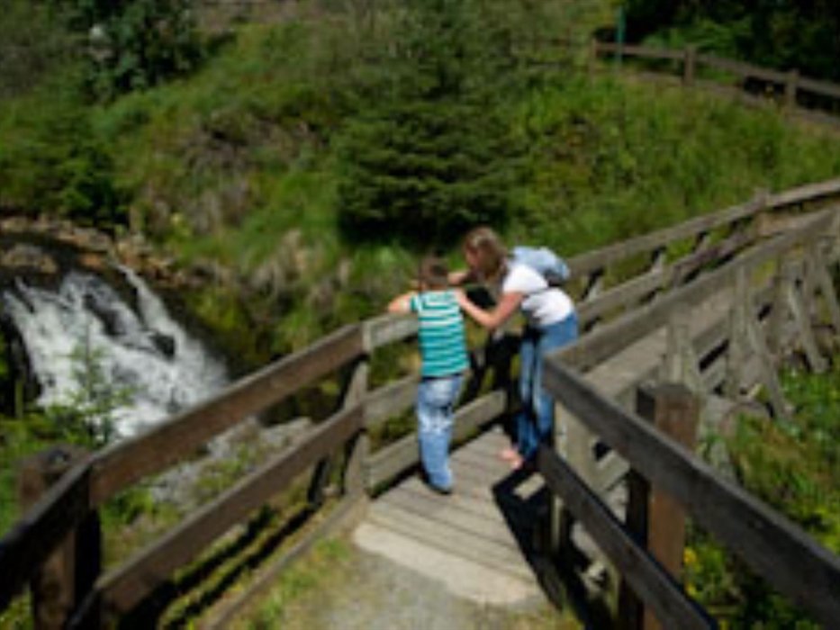Viewing platform overlooking cascades in Hafren Forest