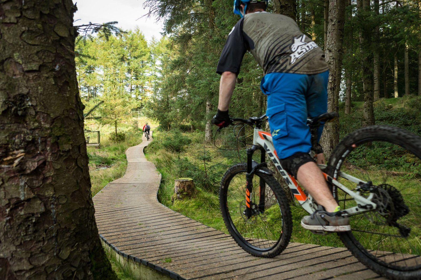 Mountain biker riding the blue trail at Trehafren Hill