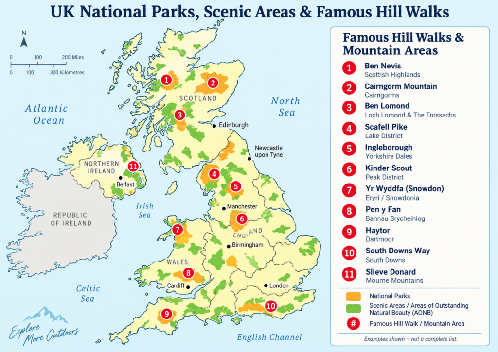 Map of UK national parks, scenic areas and famous hill walking locations